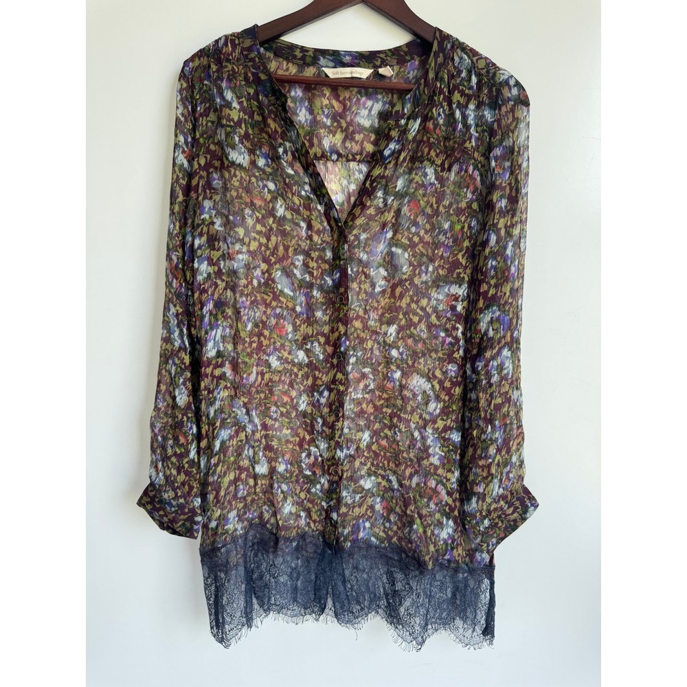 Soft Surroundings Whimsigoth Sheer Cupro Floral Lace Trim Blouse Purple Medium